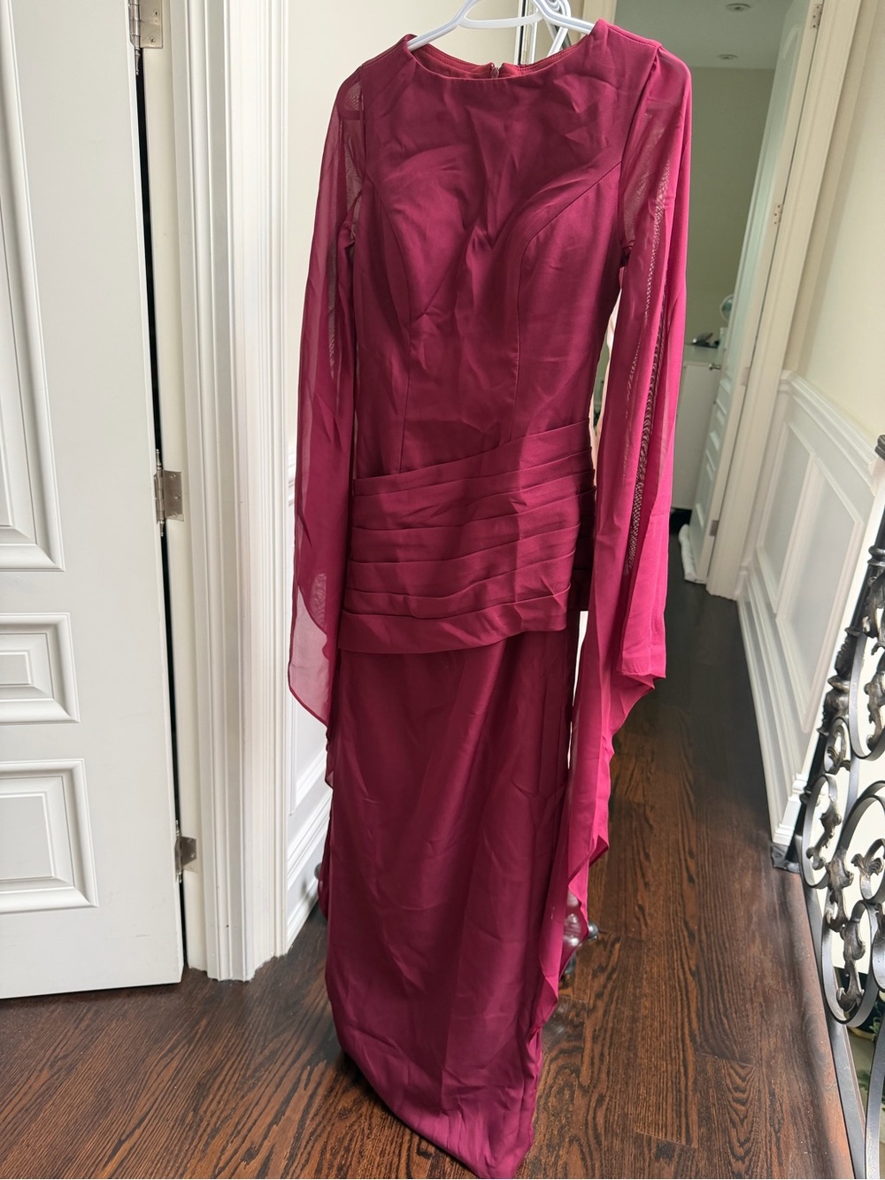 Meshki Plum Draped Maxi Dress with Chiffon Cape Sleeves - Picture 3 of 4